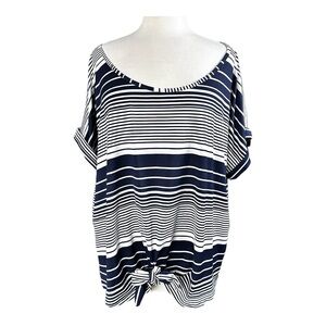 M.I.K.O. Plus Blue and White Pullover Striped Cap Sleeve Top Size 2X